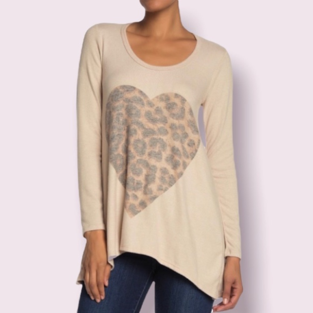 Go Couture Sharkbite Pullover in Camel with a Leopard Print Heart Graphic